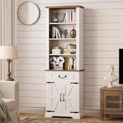 IRONCK Bookshelf with Storage Cabinet, 72" Tall Farmhouse Bookcase with Adjustable Shelves and Drawer, 4 Tier Open Shelf Bookcase with LED Lights for Home Office, Living Room, White/Walnut