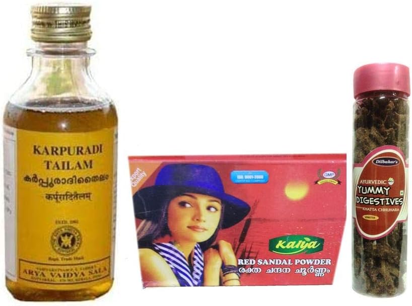 Kottakkal Arya Vaidya Sala Karpuradi Tailam - 200ML,With Free Dilbahars Yummy Digestives Khatta Mitha Chhuhara 90gm & Kalya Red Sandal Powder - Skin Care Powder 25 Gm
