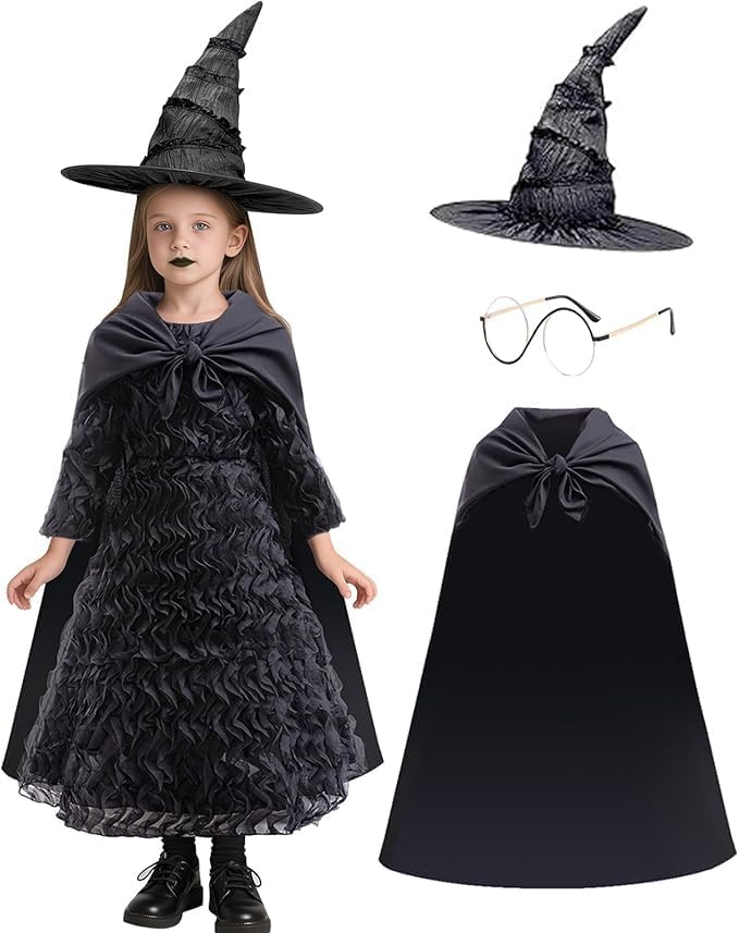Girls Halloween Costume Dress Black Witch Costume Dresses Kids Music Movie Cosplay with Hat Eyeglasses