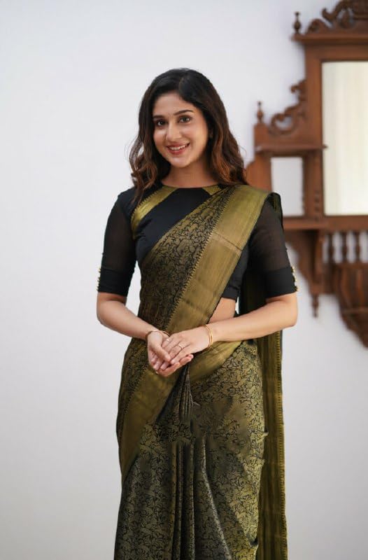 Image of Flosive Grace Olive Green Banarasi Kanjivaram Style Silk Saree for Festive & Wedding Wear inch