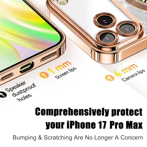 Image of Misscase for iPhone 17 Pro Max Magnetic Glitter Case Compatible with MagSafe,Full Protection Slim Shockproof Anti-Scratch Case with Camera Lens Protector Plating Bling Dust-Proof Net Gold