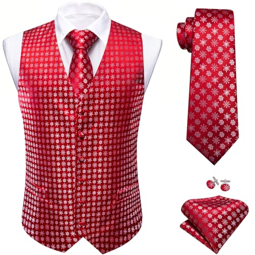 Image of Barry.Wang Mens Red /Green Christmas Suit Vest Tie Holiday Xmas Waistcoat | 4PCS;V-neck;Snow;Christmas Tree;Snowman;Vest Hanky Cufflinks;Family Party;2 Pockets;Prom;Tuxedo;Halloween;Performance;Banquet