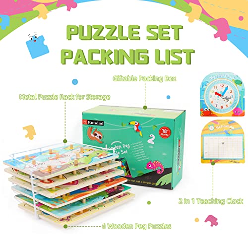Toddler Puzzles and Rack Set, 7-Pack Wooden Peg Puzzle & Teaching Clock Bonus Holder, Come with All Wood Knob for Kids Ages 2 3 4 5 Year Girl Gift - Alphabet Number Shape Animal Vehicle Sea - Thumbnail 6
