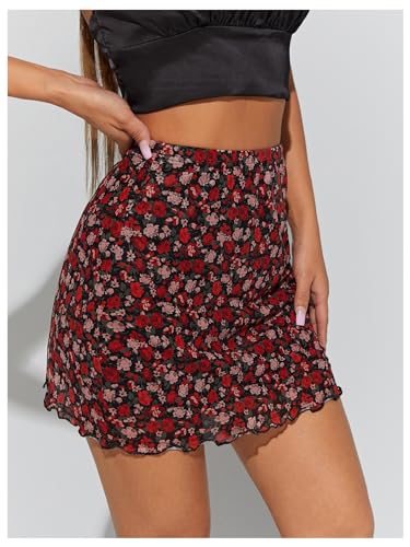 WDIRARA Women's Floral Print Lettuce Trim Mesh Bodycon Skirt Boho High Waist Mini Skirts3