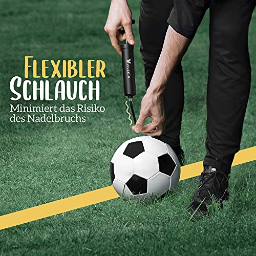 Villkin Ballpumpe mit Nadelfach im Griff - 4 Metallnadeln, 2 Kunststoffaufsätze, 1 Flexibler Schlauch - Luftpumpe für Fußball, Basketball, Volleyball, Handball - schwarz
