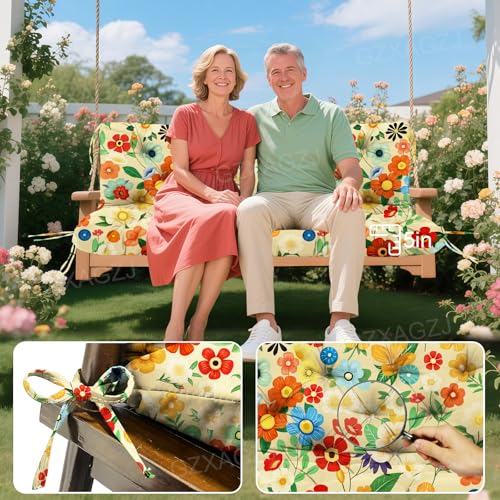 Image of Porch Swing Cushions Outdoor 48 inch Waterproof Extra Thick 5 inch Swing Cushions Replacement with Backrest and Ties for Outdoor Furniture Porch Patio Garden Lawn (Daisy Pattern)