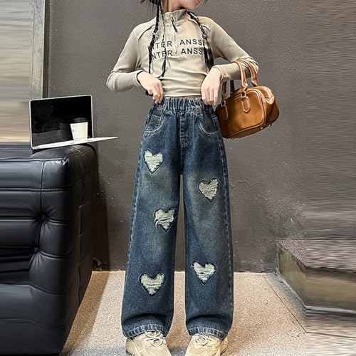 Girls Heart Embroidered Jeans Elastic Waist Wide Leg Pants Kids Oversized Denim Pants with Pockets 4-15 Years2