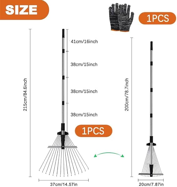 Adjustable Leaf Rake with 215 cm Handle, Adjustable Leaf Rake, Garden Rake with Handle for Leaves, Rake for Cleaning Plants, Lawn and Patio - 2