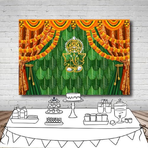 Image of 7x5 FT India Pooja Traditional Backdrop Indian Decorations for Pooja Banana Leaf Green Chatiya Ganesh Puja Ganpati Mehndi Photography Background Ganpati Wedding Party Photo Booth Props