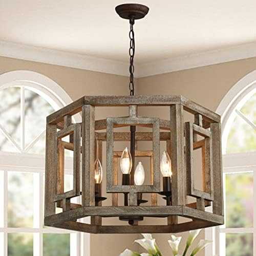 VOPHEE Farmhouse Chandeliers for Dining Room, 6-Lights Rustic Kitchen Island Lighting Fixture Antique Wood & Metal Chandelier Hanging Light Fixtures for Living Room, Bedroom, Foyer, Hallway