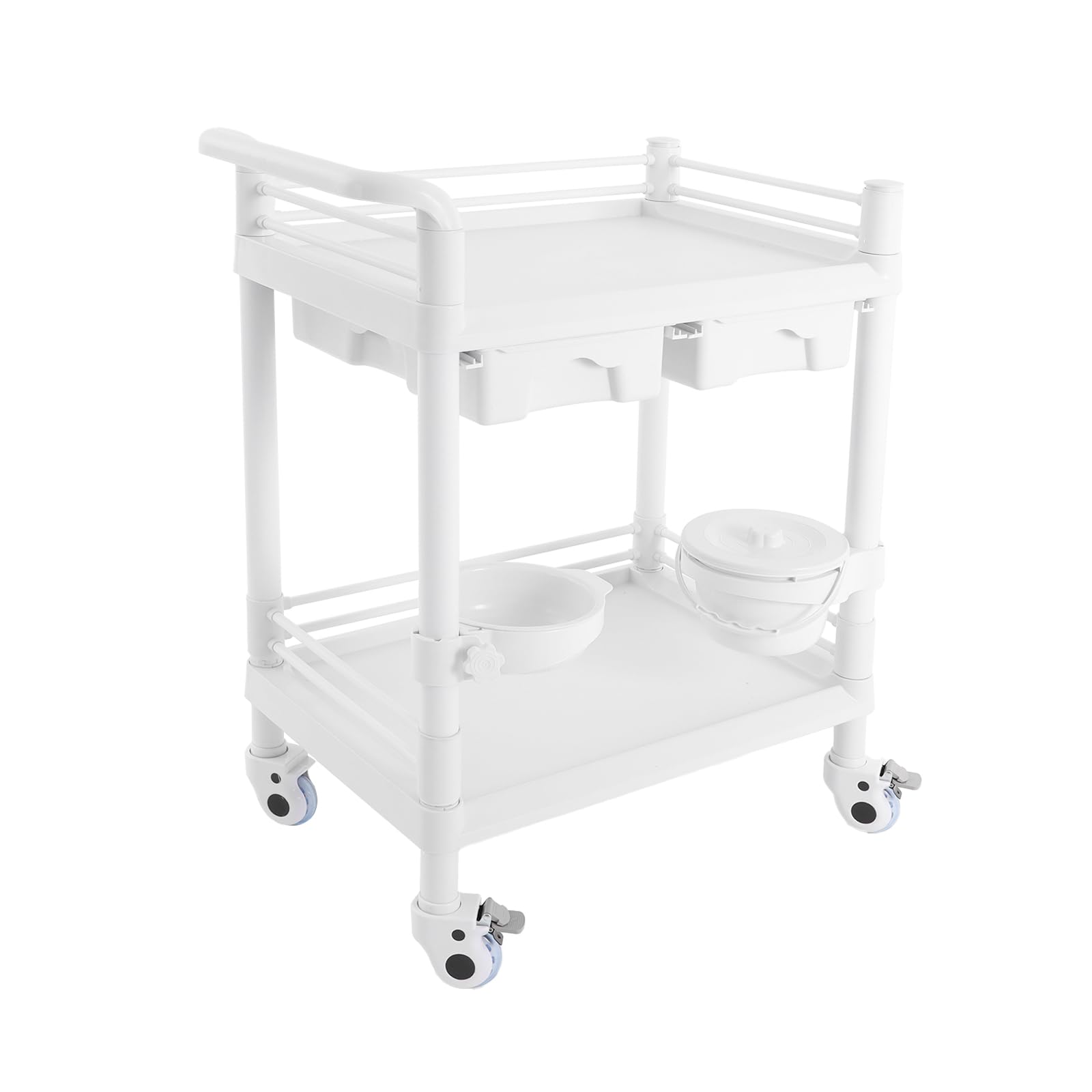 OUKANING Carrello medico con 2 cassetti e ruote dei freni, carrello da laboratorio arrotolabile in ABS, portata 90 kg, 64,5 x 44,5 x 90 cm, bianco multifunzionale per ospedale, studio cosmetico e
