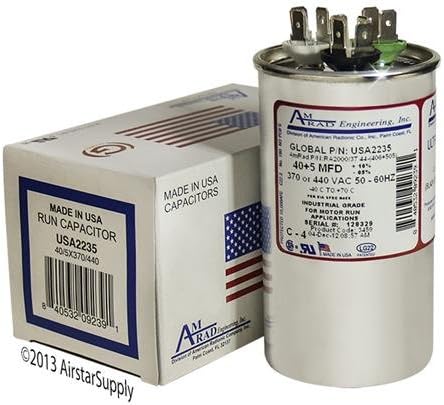 Amana CAP050400440CT Replacement - 40 + 5 uf / Mfd 370 / 440 VAC AmRad Round Dual Universal Capacitor , Made in the U.S.A.