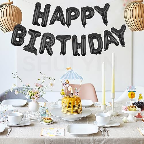 Image of Happy Birthday Balloons Banner Black 16 Inch Mylar Foil Letters