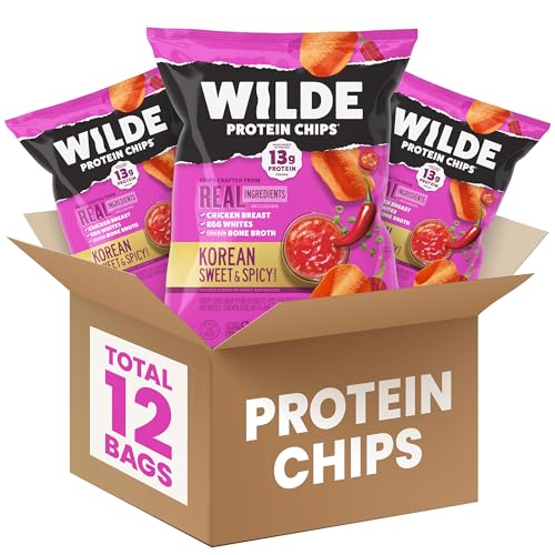 WILDE Protein Chips Korean Sweet & Spicy High Protein Snacks for Adults Keto Chips Gluten Free Low Carb Snack Box Made with Real Ingredients 1.34oz Bags Pack of 12