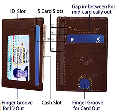 Image of Contacts Genuine Leather Slim Wallet | RFID Blocking Skinny Minimal Thin Front Pocket Wallet Sleeve Card Holder for Men | Up to 7 Card Slots Including 1 ID Window (Brown)