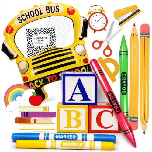 UQM 18 Pcs Giant Back to School Decoration Set First Day of School Decor with Inflatable School Bus Pencil Crayon Marker Balloons ABC Alphabet Box Photo Props for Classroom Party