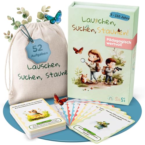 SoSi Entdeckerkarten Natur & Suchspiel für Kinder 58 Karten mit Suchaufträgen Bonusaufgaben & Naturfakten Montessori inspiriert Wald Feld & Berge Schatzsuche Entdeckerabzeichen