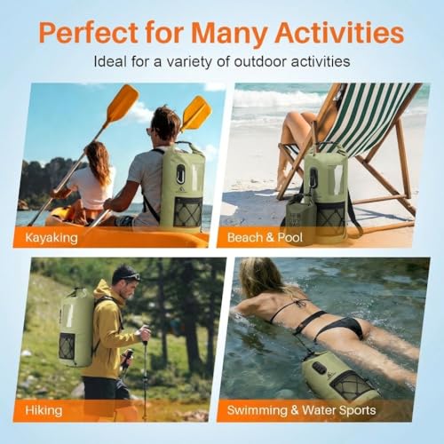 Image of Waterproof Dry Bag 500D PVC Roll Top Dry Sack with 3 Carrying Ways, Lightweight Waterproof Bag for Kayaking, Swimming, Boating, Paddle Boarding, Hiking, Beach (Army Green, 27L)