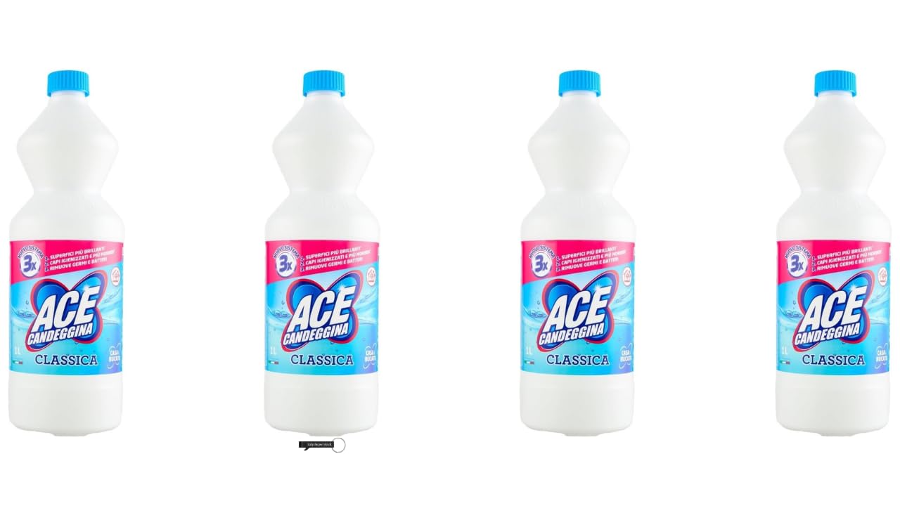4x Ace Bleach Candeggina Classica, Bleichmittel für Oberflächen und Wäsche, 1 Liter,+ Italy Shop Service Kostenloser Schlüsselanhänger