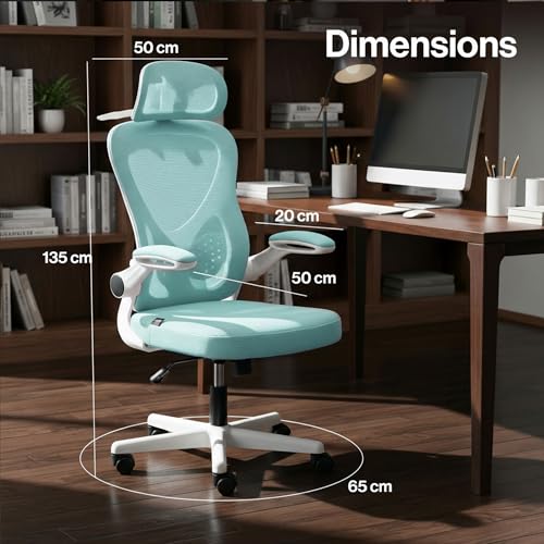 Image of DROGO Ergonomic Office Chair for Work from Home with Breathable Mesh, Flip-up Armrest, Adjustable 3D Headrest & Lumbar Support | Computer Chair for Study | Gaming Chair with 130 Recline (White /Green)