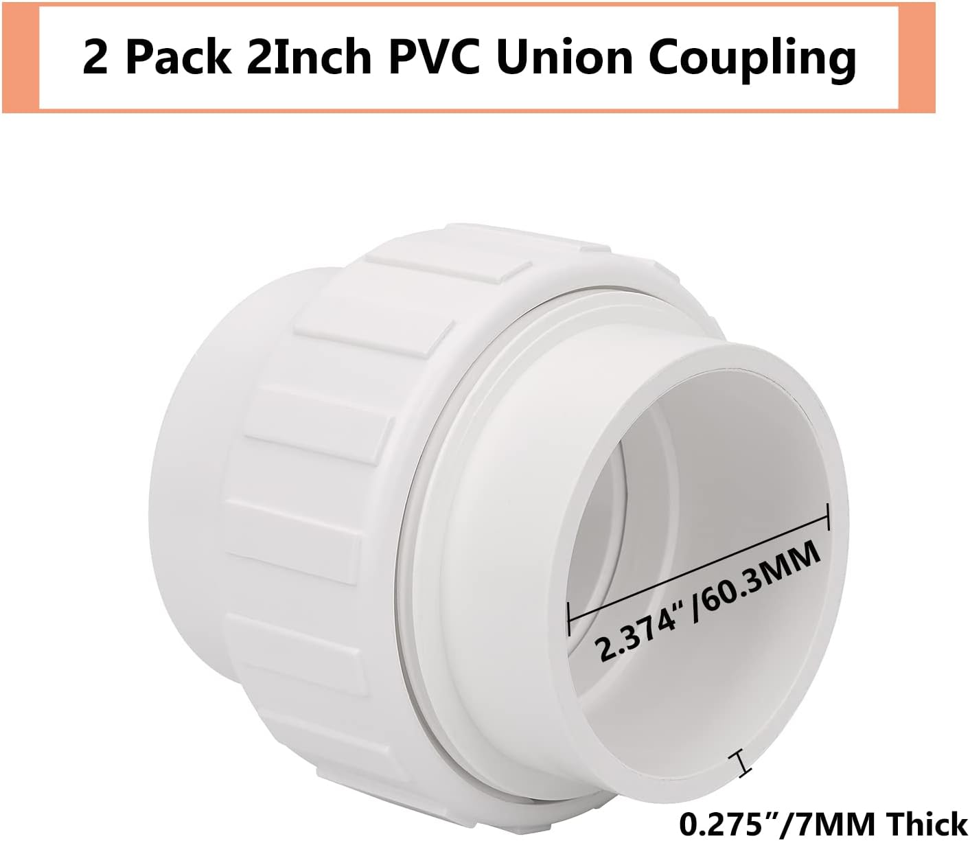 2 Pack 2" PVC Union Coupling Pipe Fitting (Socket x Socket) 2 Inch PVC Slip Union PVC Adapter Coupling Schedule 40, EPDM O-Ring, White