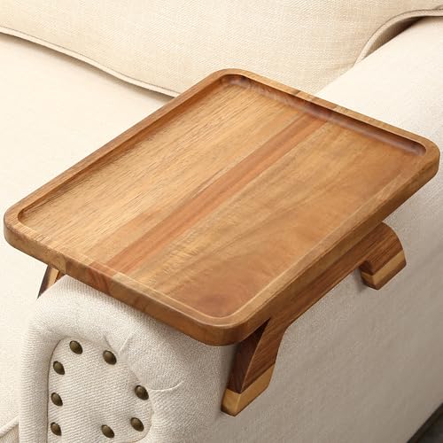 SINWANT Couch Arm Table,Acacia Wood Sofa Arm Rest Tray for Couch,13.78' Foldable Couch Armrest Tray...