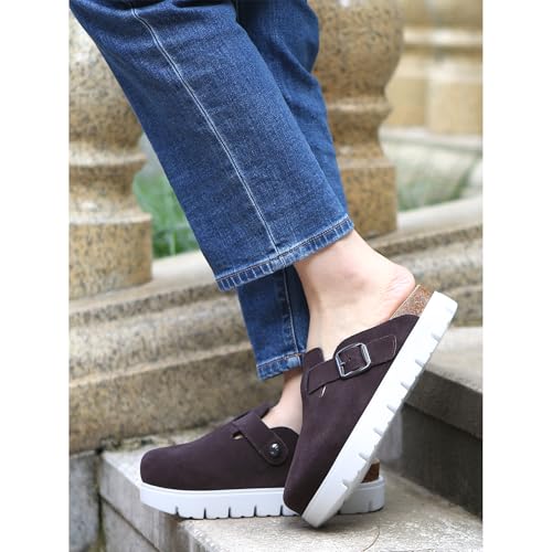 Image of Women's Suede Platform Clogs Leather Mules Slip On Indoor Outdoor Shoes | Arch Support, Cork Footbed, Adjustable Buckle,Water Resistant Upper,All Day Comfort
