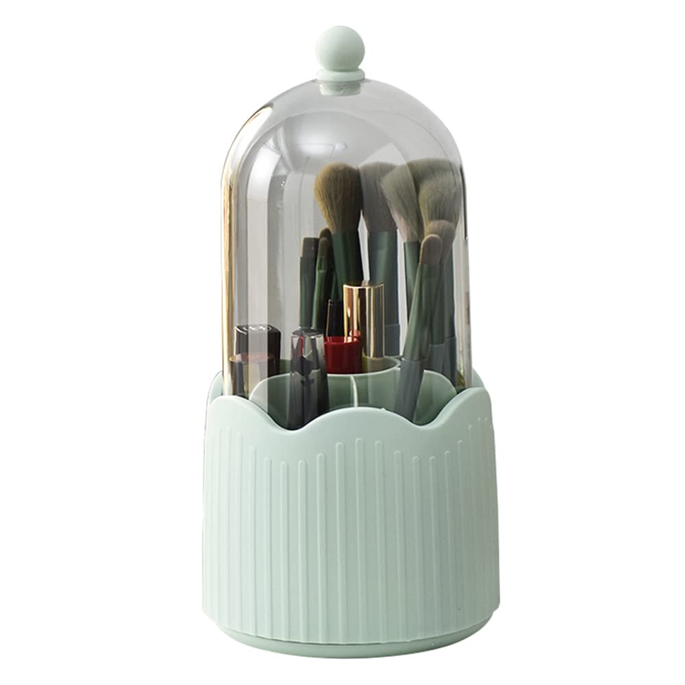NUODWELLMakeup Brush Holder, 360° Rotating Makeup Organiser High Capacity Acrylic Makeup Brush Organiser Cup With Dustproof Lid 24cm Height, Makeup Container Storage（Green