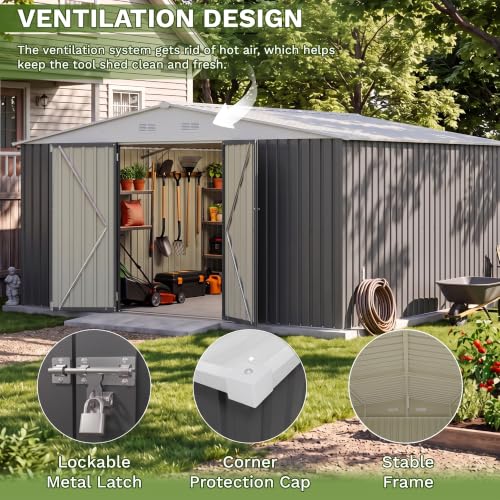 Image of Patiowell 14x12 FT Outdoor Storage Shed, Large Metal Sheds, Gray
