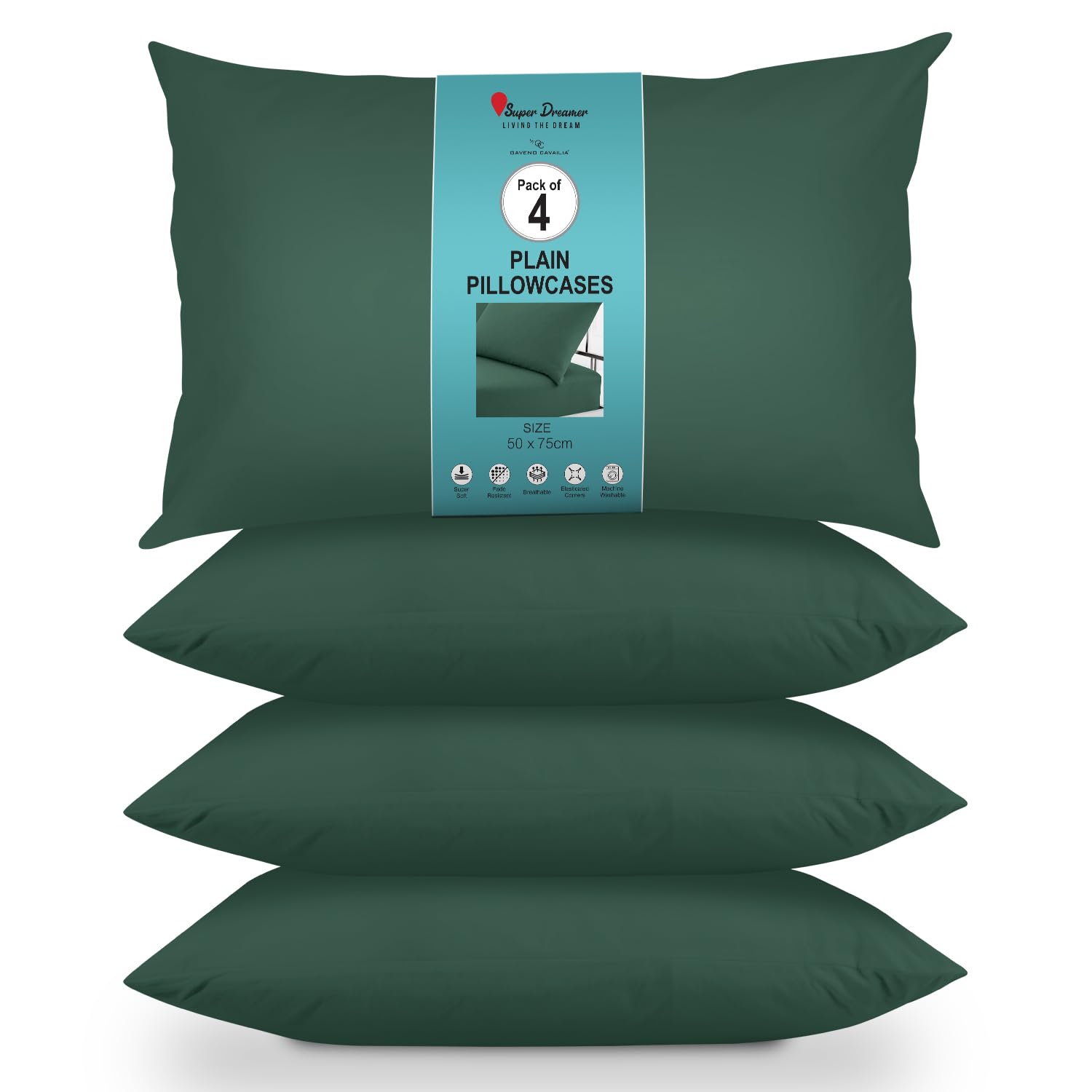 GC GAVENO CAVAILIA Housewife Pillowcases 4 Pairs - 100% Microfibre Bed Pillow - Standard Size 75x50 cm - Hypoallergenic Pillowcase - Envelope Closure - Wrinkle, Fade & Stain Resistant - Dark Green