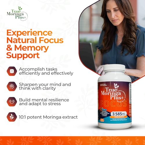 True Moringa Plus+ Focus Support Supplement 10:1 Extract | 20,000mg of Organic Moringa, Reishi, Cordyceps, Lion’s Mane, Ashwagandha, Bacopa Monnieri | Memory & Brain Health for Adults (150 Capsules)