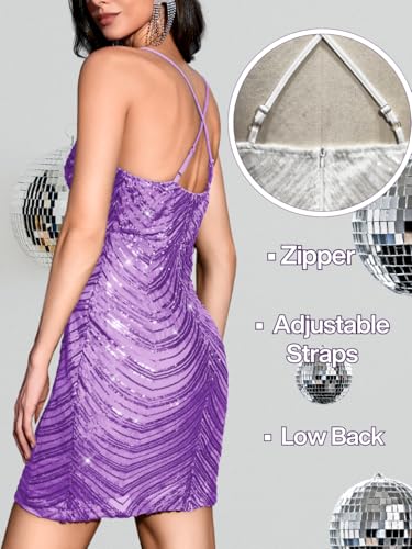 Image of Kaei&Shi Sequin Mini Dress,V Neck Spaghetti Strap Sparkly Prom Dresses for Women,Sexy Birthday Outfit HOCO Cocktail Nye Party