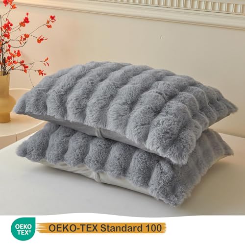 LIFEREVO 2 Pack Fluffy Faux Rabbit Fur King Pillow Cases, Light Grey by LIFEREVO - Used condition - Image 3