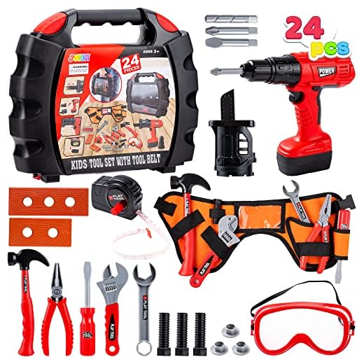 JOYIN 24 Pieces Kids Construction Tool Toy Kit Playset with Workshop Carry Case, Construction Worker Costume Belt, Electric Toy Drill and Other Construction Toy Accessories