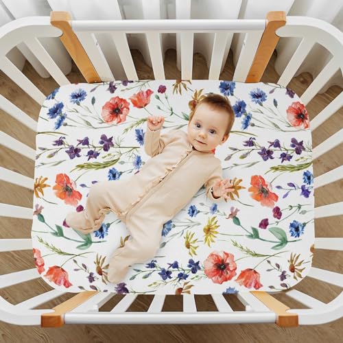Image of CaTaKu Crib Sheets for Girls & Boys - Wildflowers Poppy Baby Sheets, Neutral Toddler Mini Crib Mattress Sheets Fitted for Nursery Bed, 27 inchx 39 inch