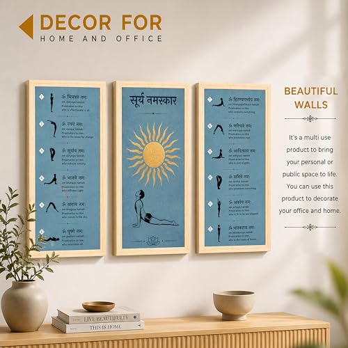 Image of Surya Namaskar Framed Wall Art Painting for Living Room, Set of 3 Sun Salutation Yoga Poses Infographic Poster with 12 Sanskrit Mantras & Meanings, Spiritual Exercise Gym, Home Decor (Size 24x48 cm)