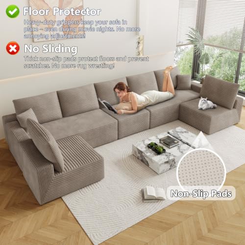 Image of Oversized Modular Sectional Sofa Couch, Large 7 Seater Corner Sofa Modern U Shaped Sectional Couch Cloud Couches for Living Room, Office, Spacious Space, Corduroy, No Assembly Required, Camel