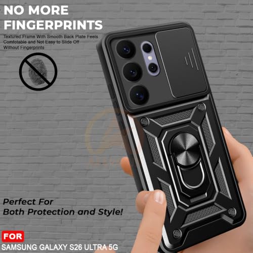 Image of Armor Bumper Back Cover Case for Samsung Galaxy S26 Ultra 5G Rotating Camera Cover, Ring Holder & Kickstand | Heavy Duty & 360 Degree Protection Back Cover (Black)