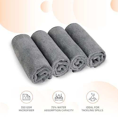 Image of Amazon Basics Pack of 4 Microfiber Cleaning Cloth | 350 GSM | Ultra Soft | Super Absorbent | Reusable | Grey | 40cm X 40cm