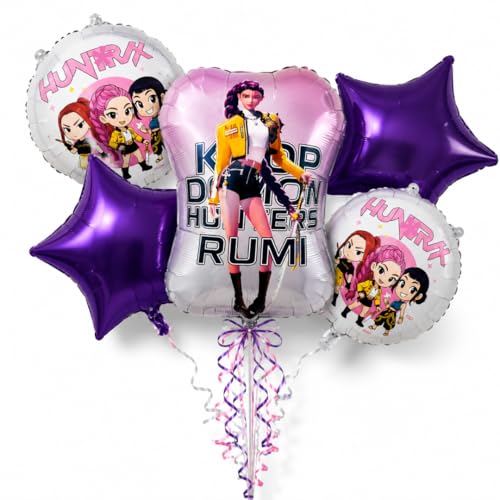 Image of Wanna Party Korean Pop Theme Rumi Print Birthday Balloon Bouquet Set - 5PC Foil Balloon Decoration, Helium Supported for Kids Birthday, Music Theme Party, Cake Table & Photo Booth Decor