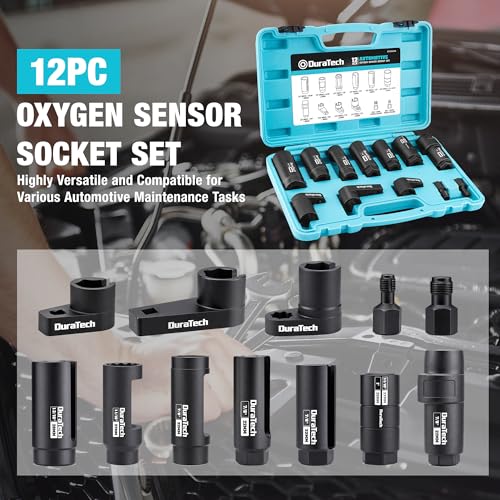 Image of DURATECH 12-Piece Oxygen Sensor Socket Set, O2 Sensor Removal Tool Kit with 22mm, 27mm, 29mm, 7 /8 inch and 1-1 /16 inch Sockets, 3 /8 inch & 1 /2 inch Drive, Thread Chasers, O2 Sensor Socket Set with Storage Case