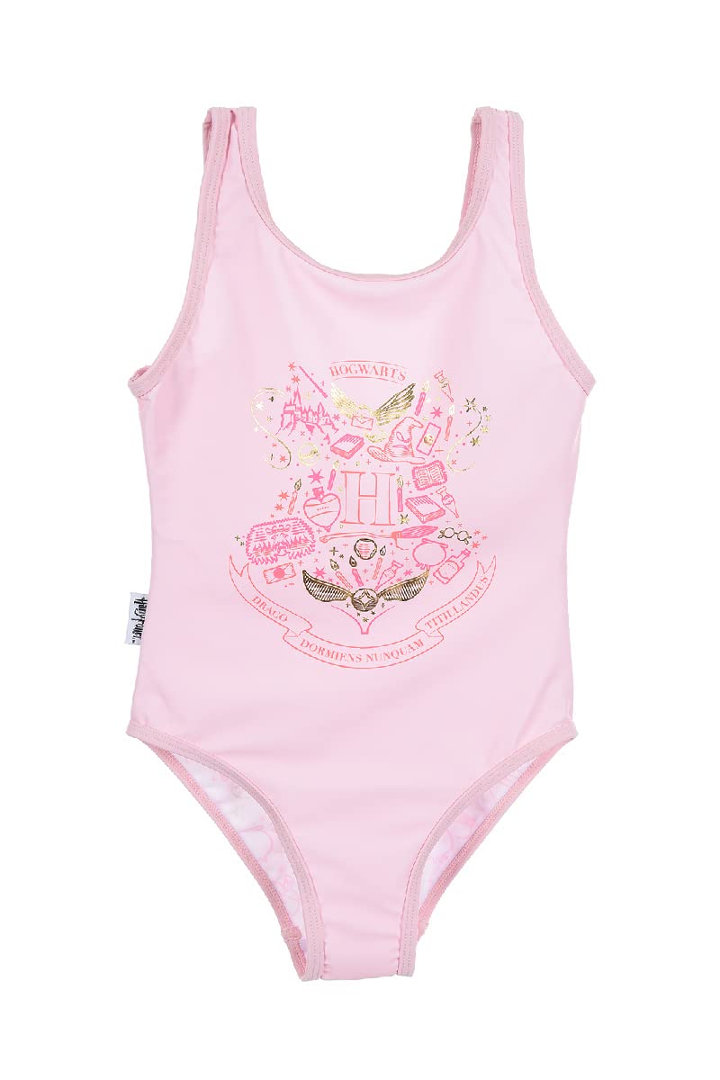 Harry Potter Bañador Niña, Bañador Una Pieza para Niña, Diseño Hogwarts Clásico, Bañador Natación Infantil y Adolescentes, Talla 6 Años - Rosa