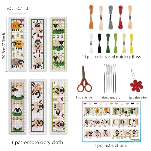 INFUNLY 6pcs DIY Lamb Cross Stitch Bookmark Kits for Adults Beginner 2.4''x7.9'' Sheep Stamped Embroidery Bookmark Kit with Instruction Printed Cute Animal Embroidery Bookmark Set for Book Lovers - Image 2