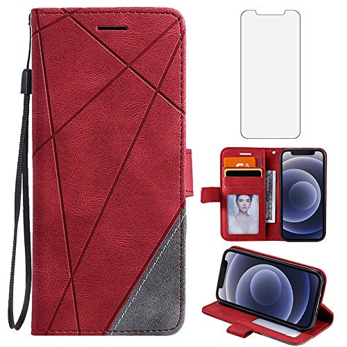 Compatible with iPhone 12 Mini 5.4 Wallet Case and Tempered Glass Screen Protector Leather Flip Cover Card Holder Stand Cell Accessories Phone Cases for iPhone12mini 5G i 12s iPhone12 12mini Women Red