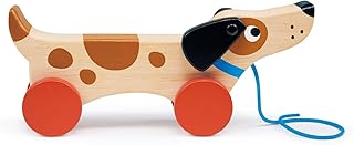 mentari Interactive Puppy On Wheels Cord-Pulling Toy, Red Wheels and Rotating Ears, 10.24-inch Length, Fun, Gift