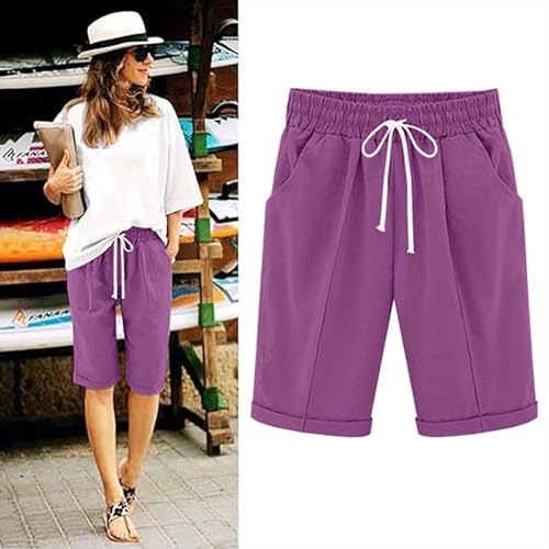 Bermuda Shorts for Women Knee Length Cotton Linen Summer Casual Beach Drawstring High Waist Loose Comfy Trendy Shorts2