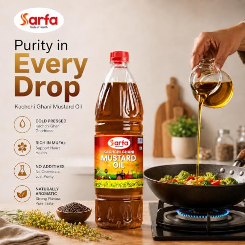 Image of Sarfa 1L Bottle Kachi Ghani Cold Pressed Mustard Oil | Pure, Chemical-Free, and Rich in Heart-Healthy MUFA & PUFA | Zero Cholesterol, with a Rich Aroma and Flavor | Ideal for Cooking and Pickles
