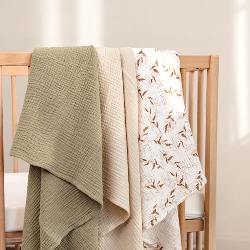Image of lulumoon Muslin Swaddle Blankets for Baby: Lightweight & Breathable Receiving Blankets for Hospital - Neutral Registry Gift for Newborn 3pack (Olive Branches)