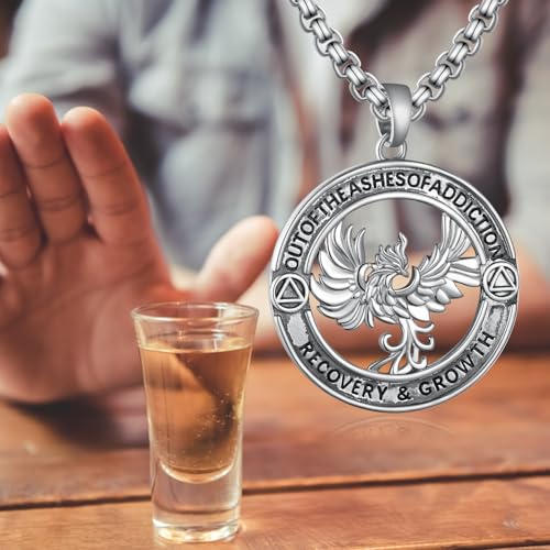 Phoenix Sobriety Necklace for Men - 925 Sterling Silver Recovery Pendant with Engraving, Out of The Ashes AA Gift2