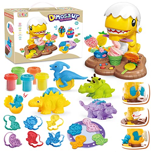 Dinosaur Play Toy Dough Modeling Theme Ice Cream Set of 29 Molds for Kids Ages 3+ Comes with 6 Dino Cookie Molds 5 Color Dough 4 Dino Cutter Tools 1 Mini Dino Egg and Multicolor Accessories